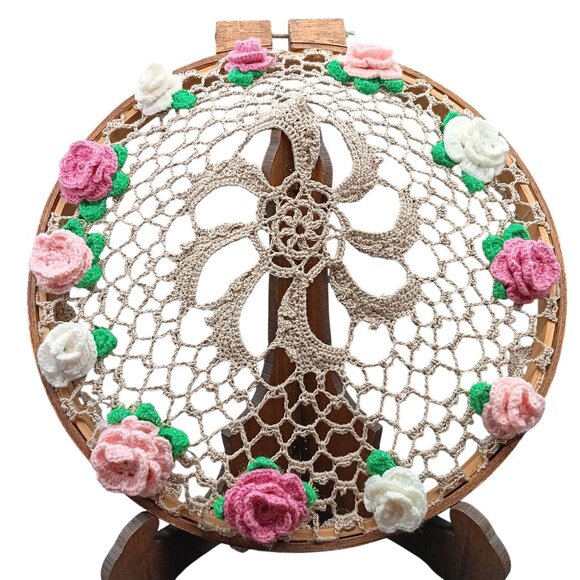 Vintage Handcrafted Framed Crochet Lace Doily Wall Hanging with Floral Accents - Picture 2 of 3
